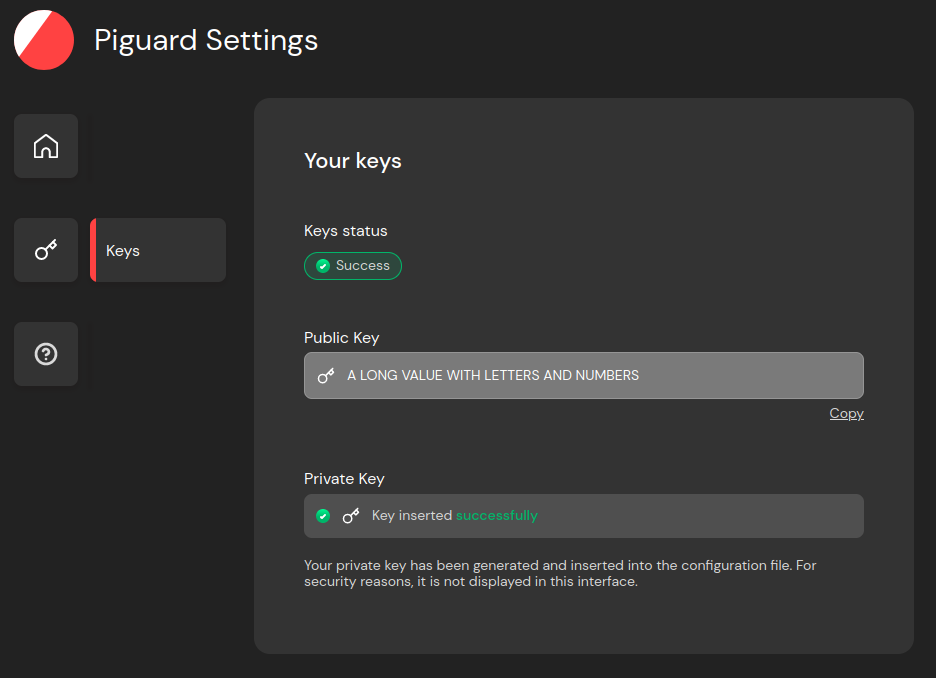 VPN keys page