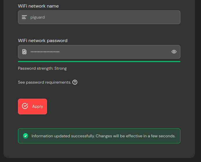 Page showing network settings updated successfully